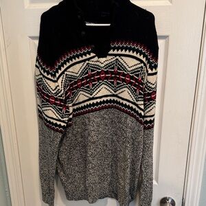 Chaps Black and White Crewneck Sweater with Red Accents